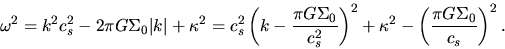 \begin{displaymath}
\omega^2=k^2c_s^2 - 2\pi G \Sigma_0 \vert k\vert + \kappa^...
...\right)^2+\kappa^2-\left(\frac{\pi G \Sigma_0}{c_s}\right)^2.
\end{displaymath}