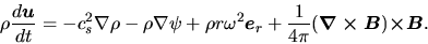 \begin{displaymath}
\rho \frac{d \mbox{\boldmath${u}$}}{d t}=-c_s^2\nabla \rho -...
...x{\boldmath${\nabla \times B}$})\mbox{\boldmath${\times B}$}.
\end{displaymath}