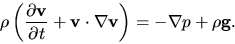 \begin{displaymath}
\rho \left( \frac{\partial {\bf v}}{\partial t}+{\bf v}\cdot \nabla {\bf v} \right)=-\nabla p +\rho {\bf g}.
\end{displaymath}