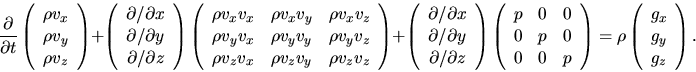 \begin{displaymath}
\frac{\partial }{\partial t}
\left(\begin{array}{c}
\rho v_...
...\begin{array}{c}
g_{x}\\
g_{y}\\
g_{z}\end{array}\right).
\end{displaymath}