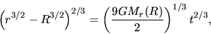 \begin{displaymath}
\left(r^{3/2}-R^{3/2}\right)^{2/3}= \left(\frac{9GM_r(R)}{2}\right)^{1/3}t^{2/3},
\end{displaymath}