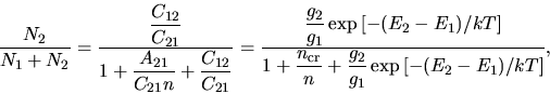 \begin{displaymath}
\frac{N_2}{N_1+N_2}=\frac{\displaystyle \frac{\displaystyle ...
...tyle g_2}{\displaystyle g_1}\exp{\left[-(E_2-E_1)/kT\right]}},
\end{displaymath}