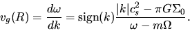 \begin{displaymath}
v_g(R)=\frac{d \omega}{d k}={\rm sign}(k)\frac{\vert k\vert c_s^2-\pi G \Sigma_0}{\omega-m\Omega}.
\end{displaymath}